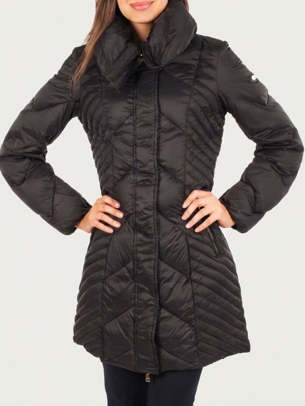Marciano Guess Black Quilted Down Puffer Coat Folded Collar Womens Size Medium